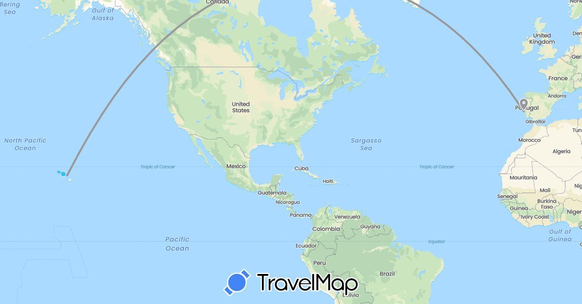 TravelMap itinerary: driving, plane, boat in Portugal, United States (Europe, North America)