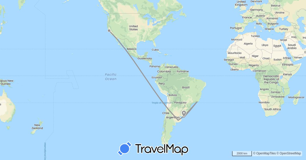 TravelMap itinerary: driving, plane in Argentina, Brazil, United States, Uruguay (North America, South America)